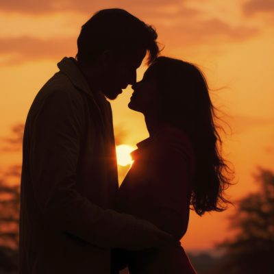 Silhueta de casal apaixonado ao pôr do sol